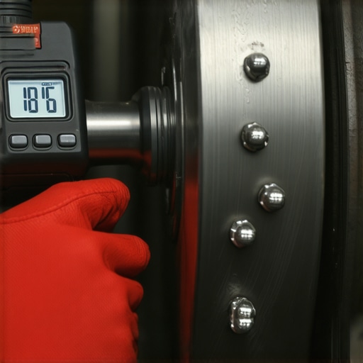 Mechanic using a torque wrench on a new brake rotor installation.