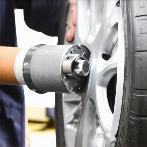 Mechanic using a torque wrench on a car wheel hub to ensure proper bearing preload.