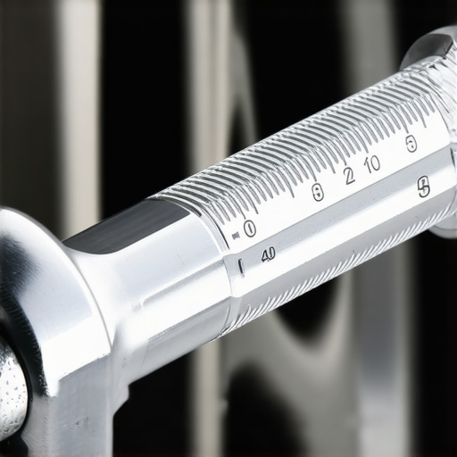 Macro view of a calibrated torque wrench used for precise wheel lug nut installation in a professional workshop.