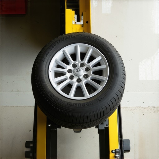 Car tire on a storage cradle to prevent flat spotting.