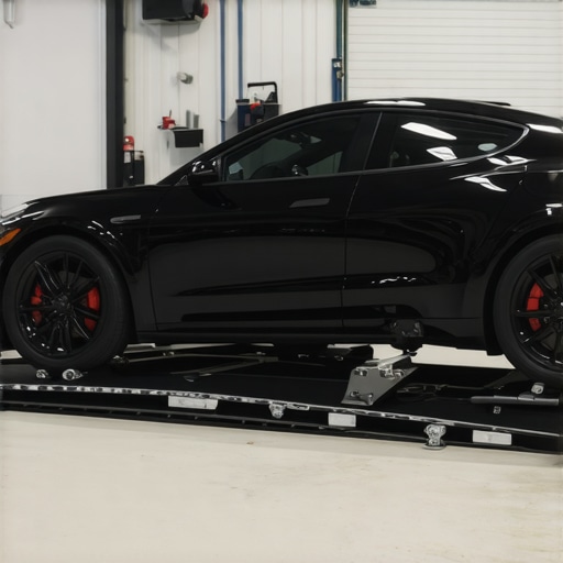 Electric vehicle on tire cradles to prevent flat spotting during long-term storage.