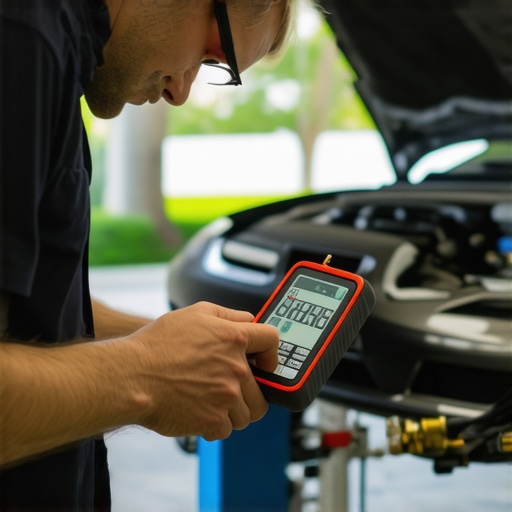 Mechanic testing hydraulic pressure on a modern ABS control module to find internal leaks.