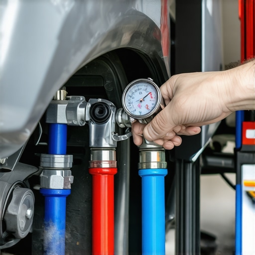 Mechanic testing car AC pressure with manifold gauges