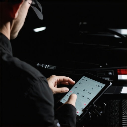 Mechanic using scan tool for battery management system programming and registration.