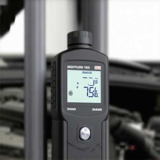 Technician testing brake fluid moisture content with a digital tool.