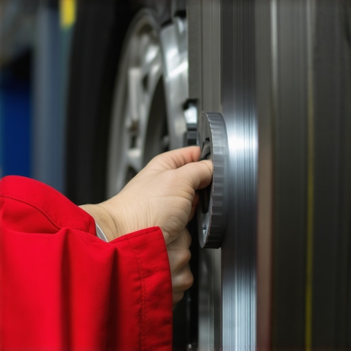 A mechanic using a dial indicator to check the precision and alignment of a vehicle's brake rotor.