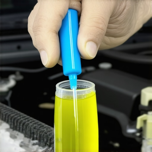Mechanic performing a chemical block test on a car radiator to detect CO2
