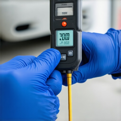 A mechanic performing a precision chemical analysis of automotive engine coolant using a refractometer.