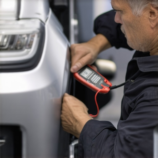 Mechanic using a multimeter to diagnose transmission sensor issues in a professional auto repair shop.