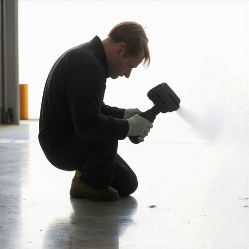 An automotive technician conducts a professional EVAP smoke test to locate a micro vacuum leak under a car.