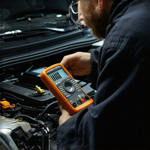 Mechanic testing engine sensors using a digital multimeter for precision diagnostics