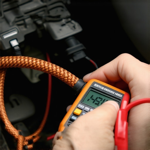 Mechanic testing an engine ground strap with a digital multimeter to diagnose electrical shifting issues.