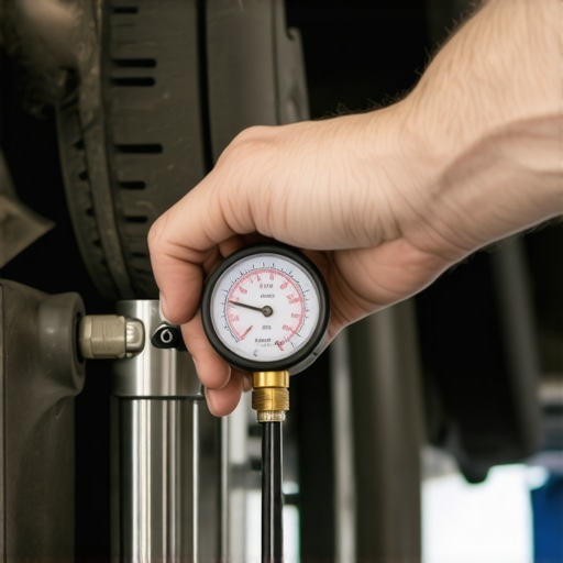 A technician performing a hydraulic pressure test on a rear brake system using a precision gauge.
