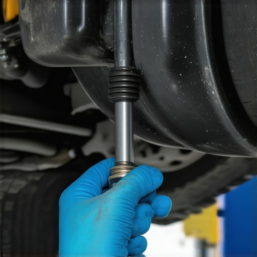 Mechanic inspecting a vehicle's inner tie rod and steering bellows for wear and play.