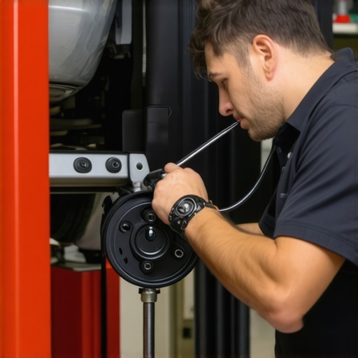 Mechanic using a stethoscope on a vehicle transmission for noise diagnosis