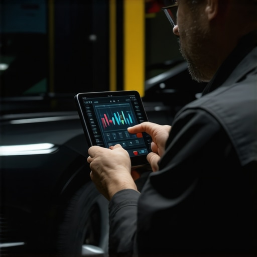 A mechanic performing an electronic diagnostic scan on a car using a tablet.