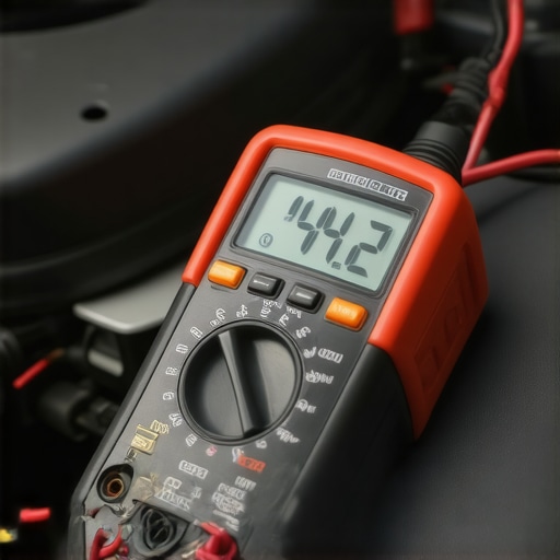 A mechanic using a multimeter to diagnose a vehicle's electrical system.