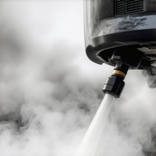 A mechanic uses a smoke machine to find hidden vacuum leaks in a modern car engine.