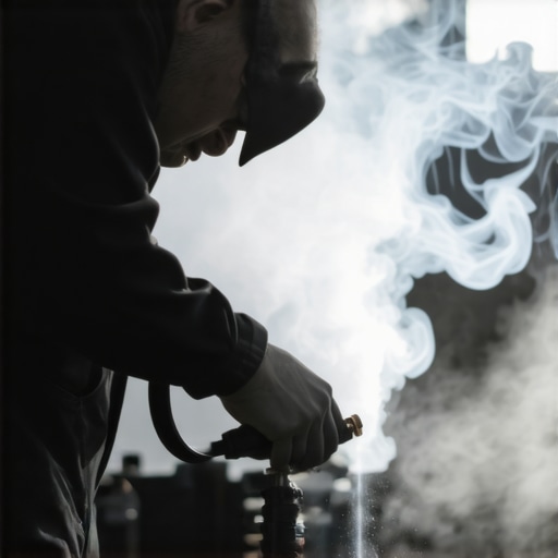 Technician using a smoke machine to identify a vacuum leak in an engine bay.