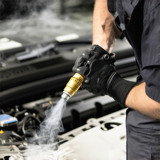 Mechanic using a smoke machine to identify a vacuum leak in an engine intake manifold