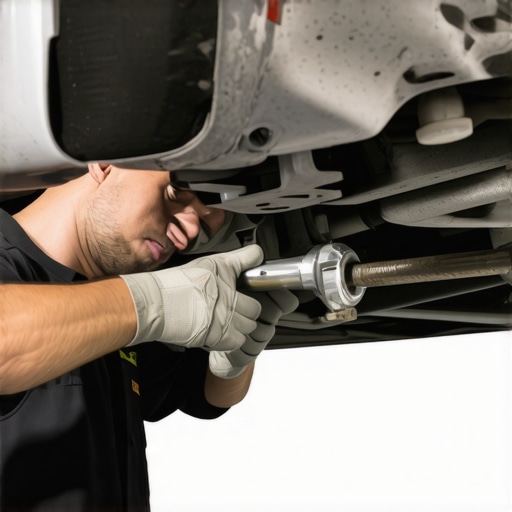 Technician checking for suspension play using a pry bar on a car lift