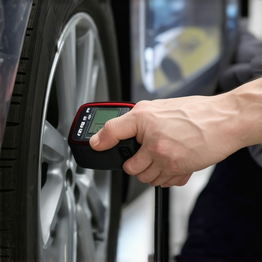Technician checking tire pressure monitoring system sensors with a handheld tool
