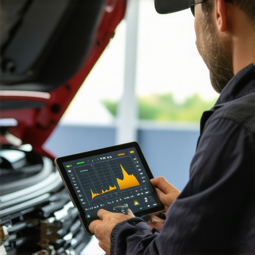 Mechanic performing electronic transmission diagnostics using a tablet to monitor live data