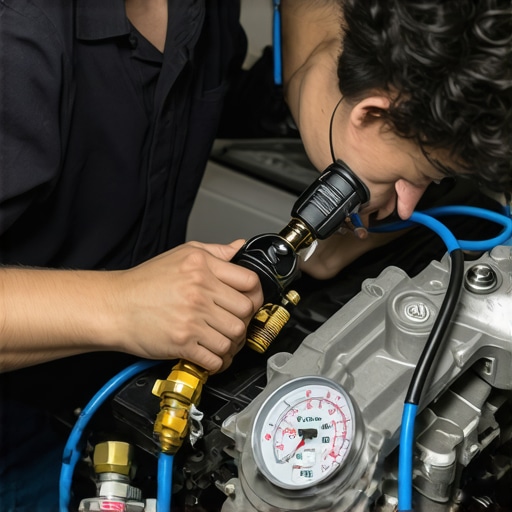 A mechanic performing a pressure test on a turbo engine to find boost leaks.
