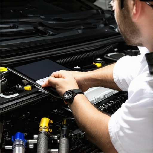 Mechanic using diagnostic tools to bleed a modern hybrid vehicle cooling system