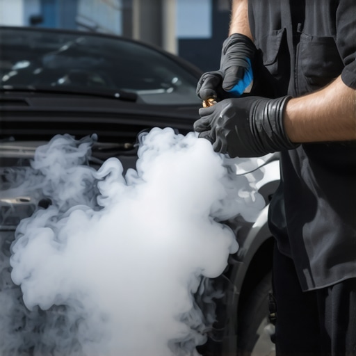 A mechanic uses a smoke machine to identify air leaks in a modern car engine bay.