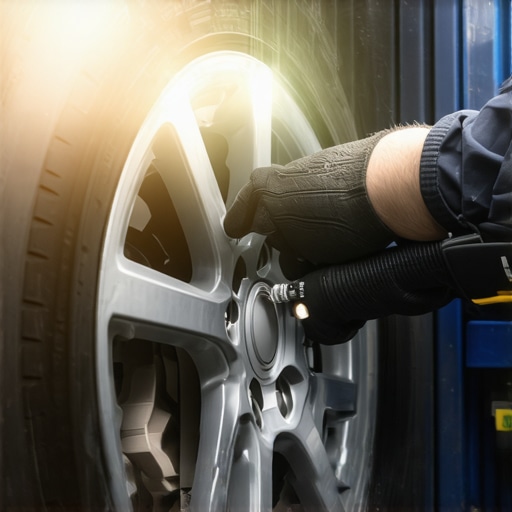 Close up of a technician checking brake pad thickness through the wheel spokes using a flashlight.