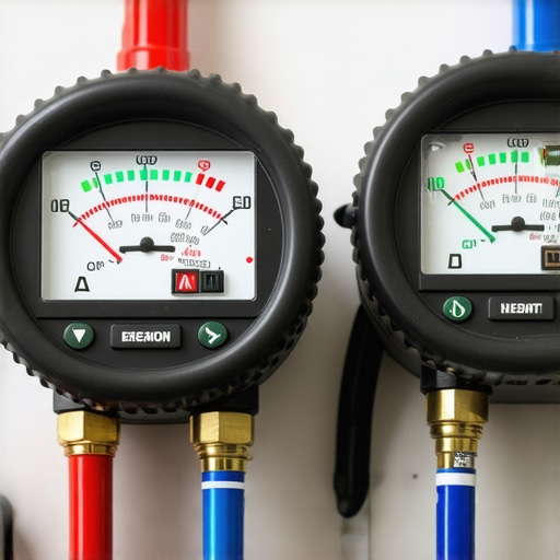 High-precision digital AC manifold gauges used by a mechanic for HVAC diagnostics.