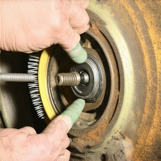 Mechanic cleaning a wheel hub with a wire brush to fix steering wheel shake.
