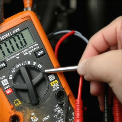 Mechanic using a multimeter to check for voltage drop on a transmission ground wire.