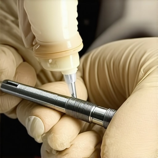 A professional mechanic applying specialized silicone lubricant to brake caliper slide pins to prevent seized hardware.