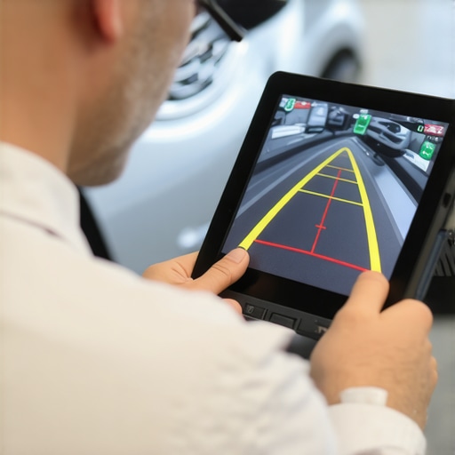 Technician calibrating lane keep assist camera to fix digital steering pull.