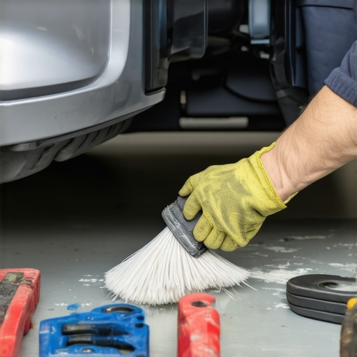 A mechanic preps a vehicle chassis for a new ground strap installation by removing paint and rust.