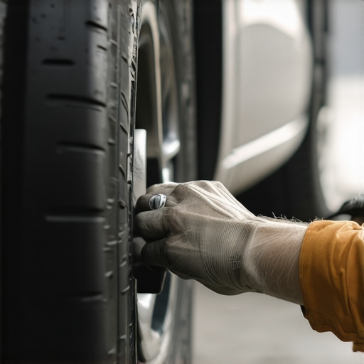 Mechanic performing a road force balance test on a vehicle tire to identify internal belt failure.