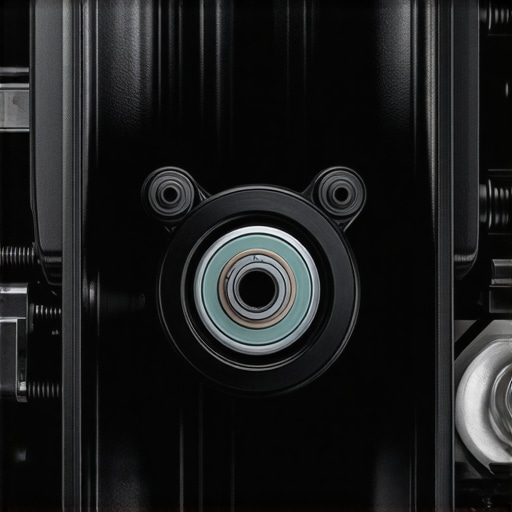 A car's serpentine belt tensioner and AC compressor assembly in the engine bay