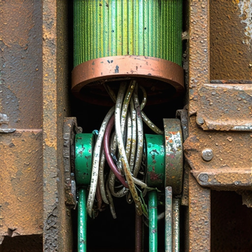 A close-up view of a damaged and oxidized copper ground cable in a car engine bay.