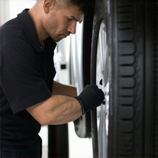 A mechanic using a specialized wheel balancer to detect internal tire stiffness issues.