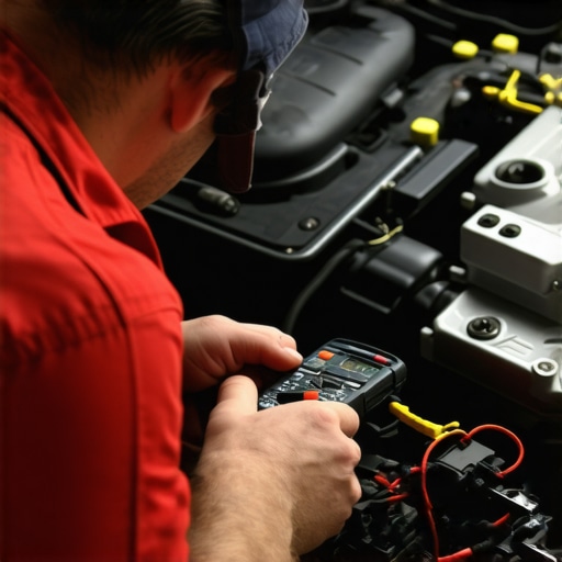 A mechanic checks the electrical ground wire on a car engine to diagnose stalling and hesitation issues.