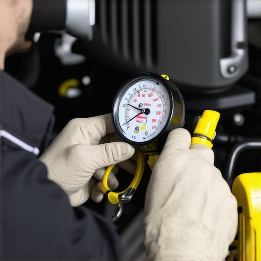A mechanic diagnosing a vehicle air conditioning system using pressure gauges.