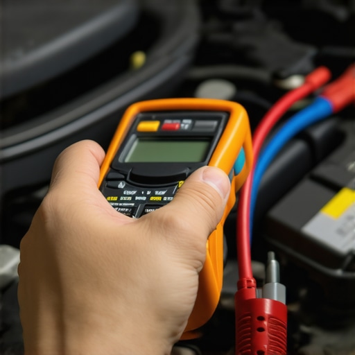 A technician using a multimeter to check for electrical resistance in a vehicle's ground strap to fix transmission issues.