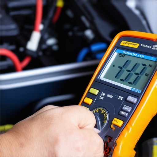 Technician testing a car ground strap with a multimeter to diagnose electrical issues.