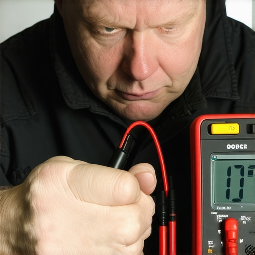 A technician measuring voltage drop on an oxidized car engine ground strap with a multimeter.