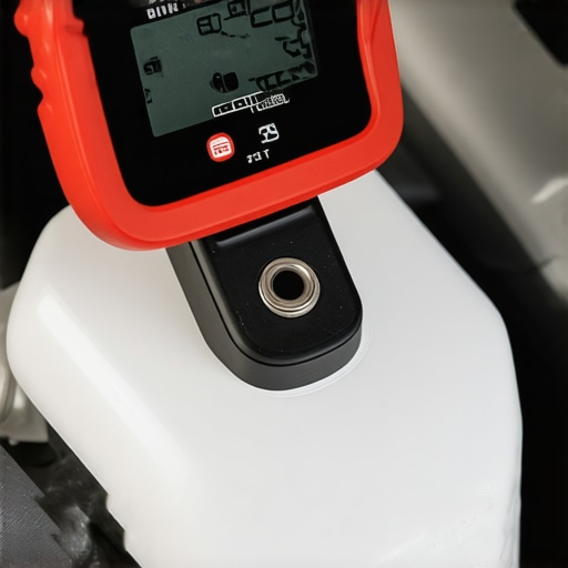 A mechanic using a digital tester to check the water content of brake fluid in a reservoir.