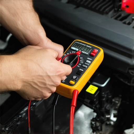 A professional mechanic performing a voltage drop test on a vehicle ground strap using a digital multimeter.