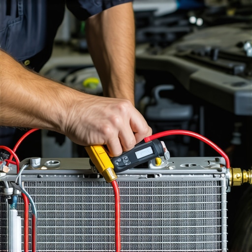 A technician performing a cooling system pressure test on an engine to diagnose cabin heating issues.