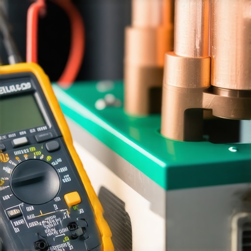 A technician using a multimeter to detect stray electrical current in a car's cooling system to prevent galvanic corrosion.
